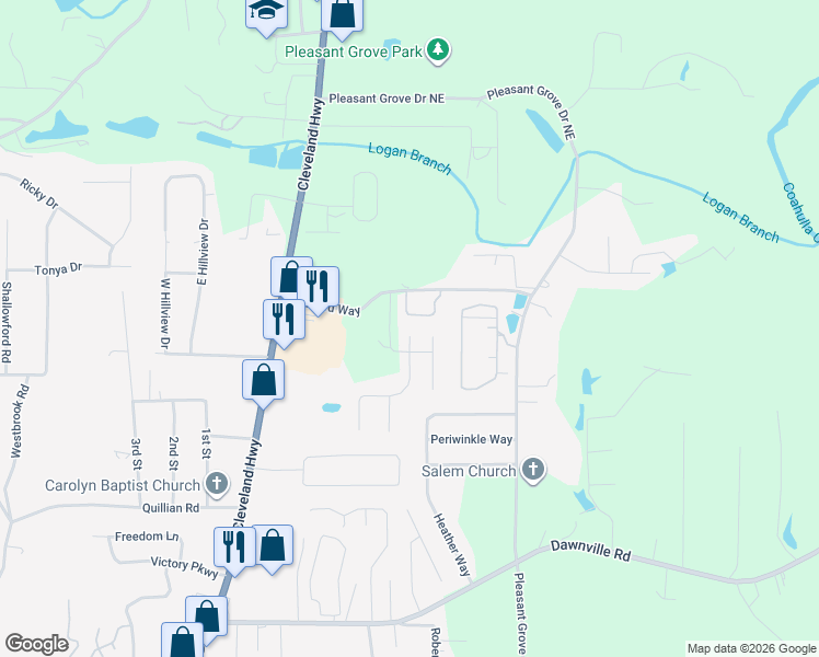 map of restaurants, bars, coffee shops, grocery stores, and more near 1021 Miller Grove in Dalton