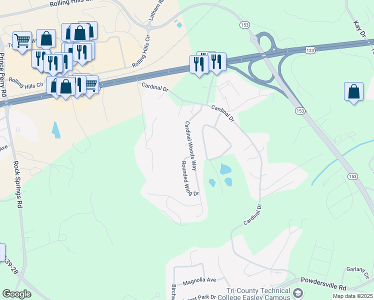 map of restaurants, bars, coffee shops, grocery stores, and more near 406 Cardinal Woods Way in Easley