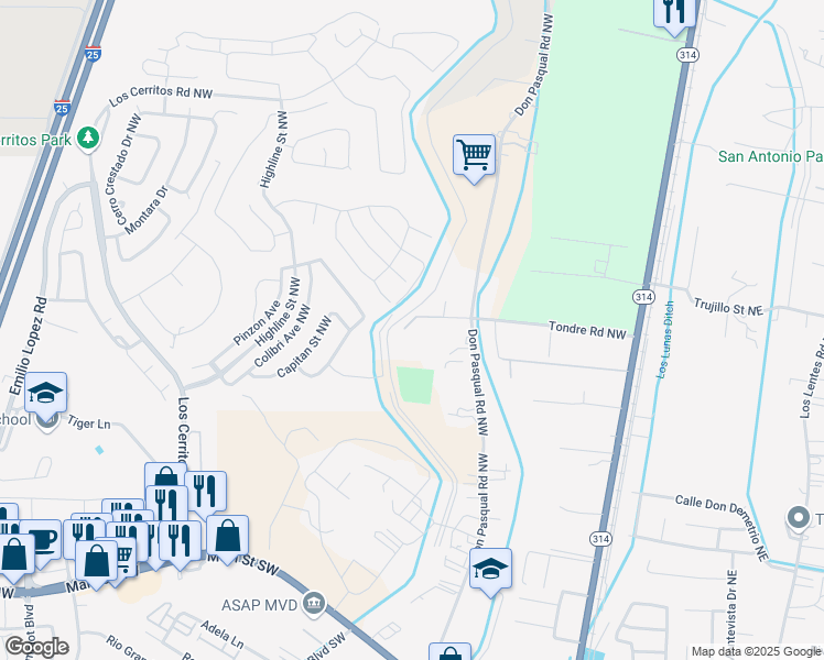 map of restaurants, bars, coffee shops, grocery stores, and more near 717 Tondre Road Northwest in Los Lunas