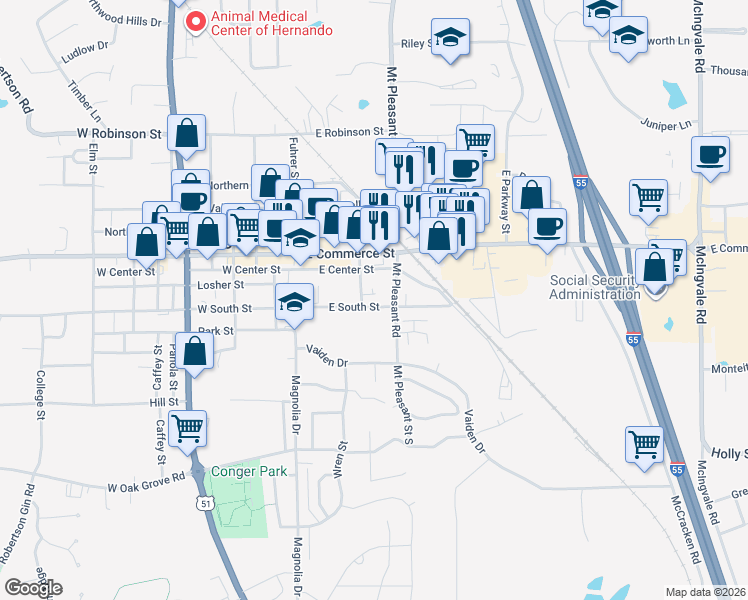 map of restaurants, bars, coffee shops, grocery stores, and more near 181 East Center Street in Hernando