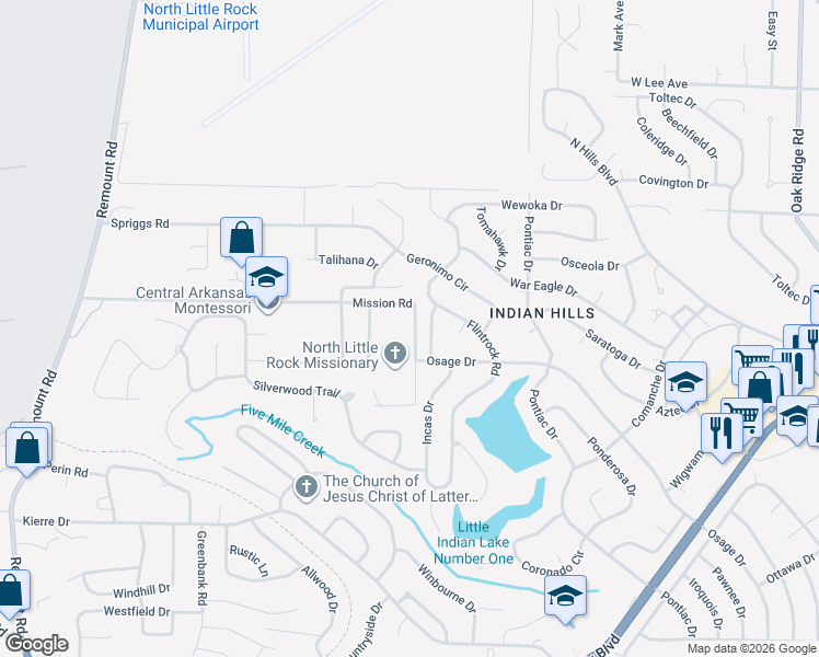 map of restaurants, bars, coffee shops, grocery stores, and more near 1220 Mission Road in North Little Rock