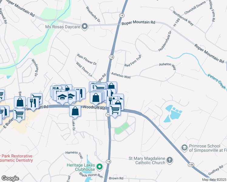map of restaurants, bars, coffee shops, grocery stores, and more near 3917 South Carolina 14 in Greenville