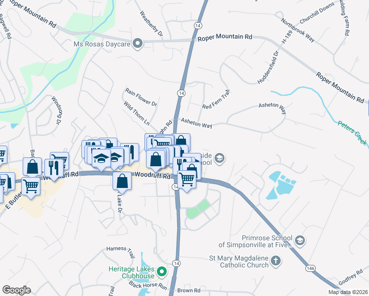map of restaurants, bars, coffee shops, grocery stores, and more near 3907 South Carolina 14 in Greenville