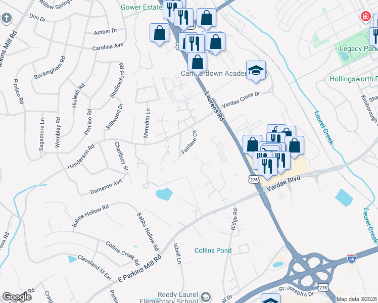 map of restaurants, bars, coffee shops, grocery stores, and more near 12 Fairlane Circle in Greenville