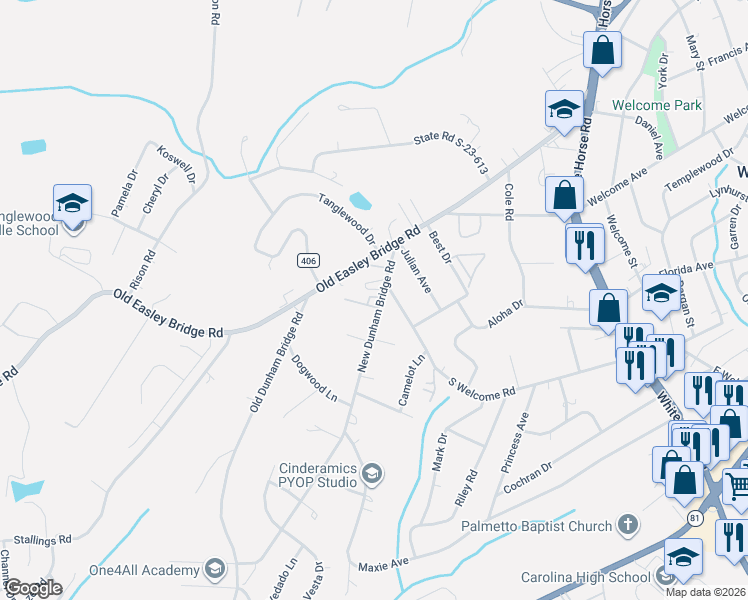 map of restaurants, bars, coffee shops, grocery stores, and more near 25 New Dunham Bridge Road in Greenville