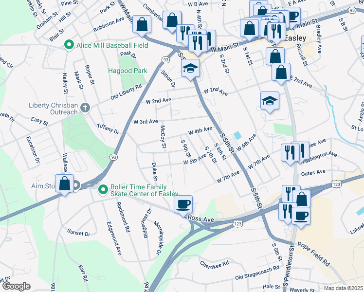 map of restaurants, bars, coffee shops, grocery stores, and more near 102 South 8th Street in Easley
