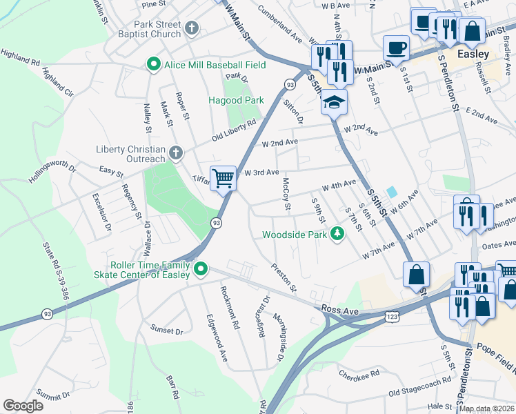 map of restaurants, bars, coffee shops, grocery stores, and more near 614 West 4th Avenue in Easley