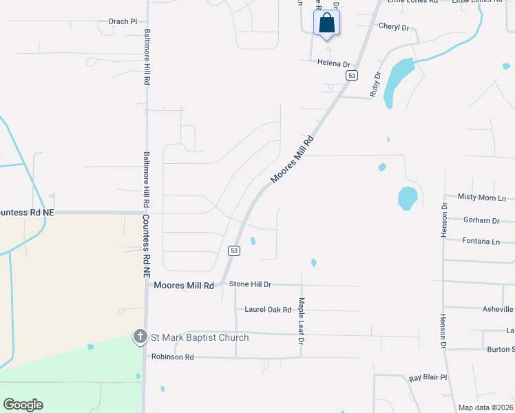 map of restaurants, bars, coffee shops, grocery stores, and more near 6836 Moores Mill Road in Huntsville