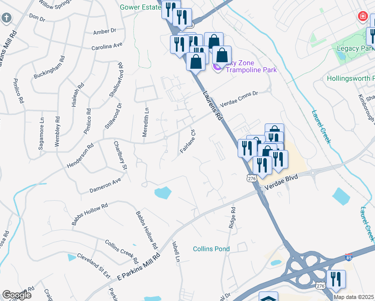 map of restaurants, bars, coffee shops, grocery stores, and more near 12 Fairlane Circle in Greenville