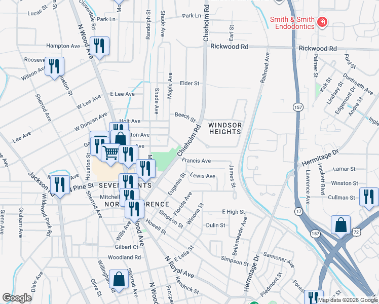 map of restaurants, bars, coffee shops, grocery stores, and more near 1601-1699 Chisholm Road in Florence
