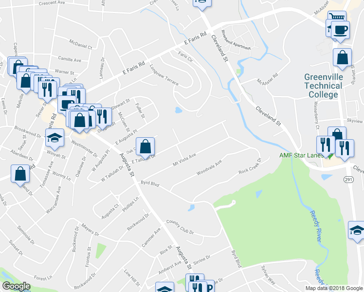 map of restaurants, bars, coffee shops, grocery stores, and more near 102 East Tallulah Drive in Greenville