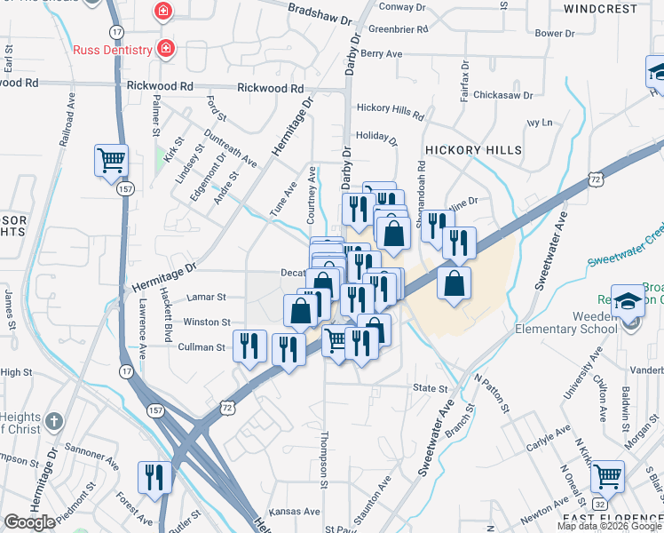 map of restaurants, bars, coffee shops, grocery stores, and more near 1701 Darby Drive in Florence