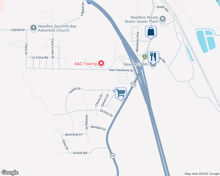 map of restaurants, bars, coffee shops, grocery stores, and more near 140 Safari Drive in Needles