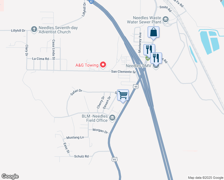 map of restaurants, bars, coffee shops, grocery stores, and more near 140 Safari Drive in Needles