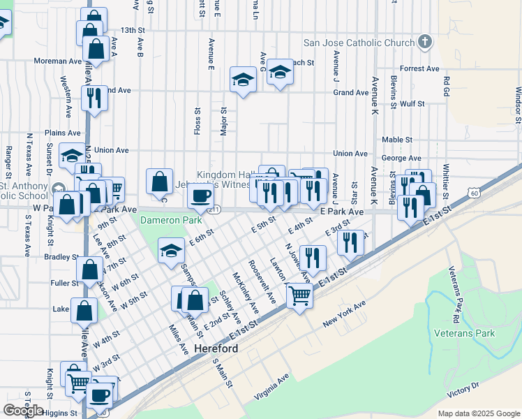 map of restaurants, bars, coffee shops, grocery stores, and more near 100 Avenue G in Hereford