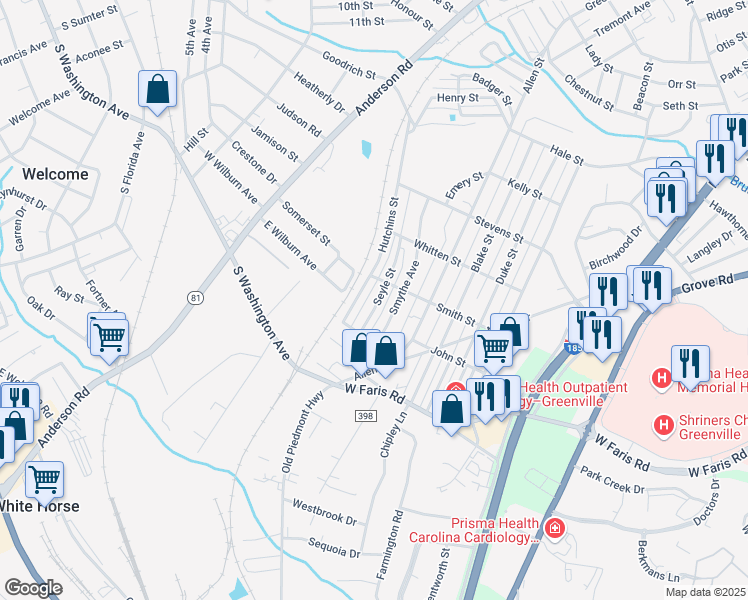 map of restaurants, bars, coffee shops, grocery stores, and more near 27 Seyle Street in Greenville
