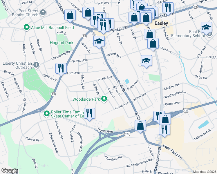 map of restaurants, bars, coffee shops, grocery stores, and more near 105 South 7th Street in Easley