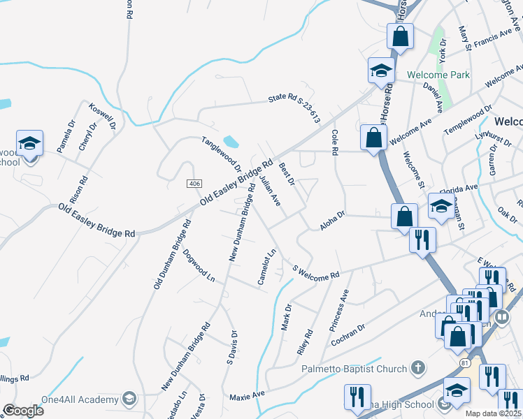 map of restaurants, bars, coffee shops, grocery stores, and more near 1010 South Welcome Road in Greenville