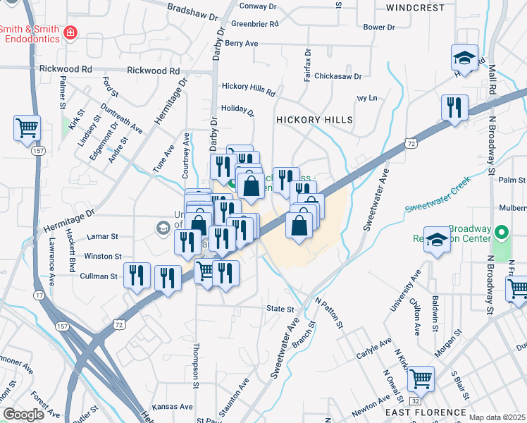 map of restaurants, bars, coffee shops, grocery stores, and more near 1613 Florence Boulevard in Florence