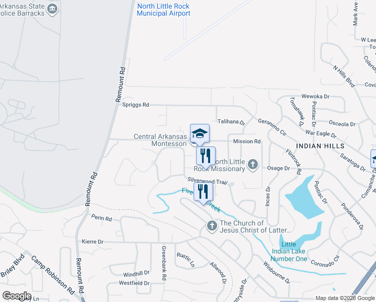 map of restaurants, bars, coffee shops, grocery stores, and more near 601 Silverwood Trail in North Little Rock