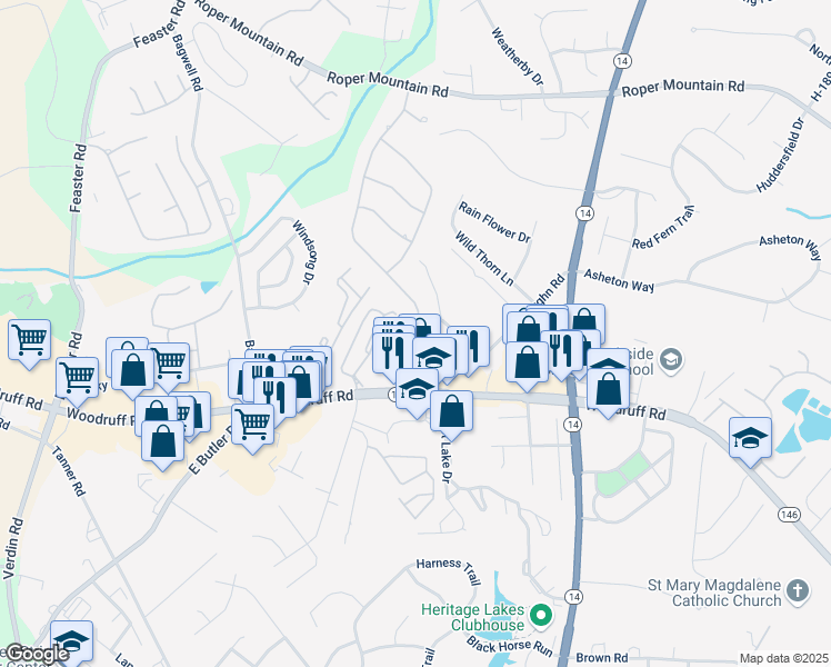 map of restaurants, bars, coffee shops, grocery stores, and more near 105 Madren Court in Greenville