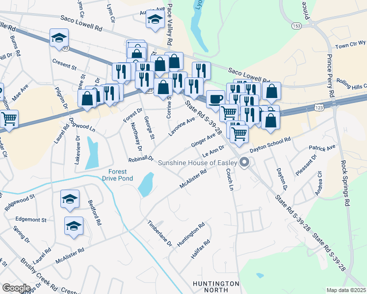 map of restaurants, bars, coffee shops, grocery stores, and more near 113 Ginger Lane in Easley