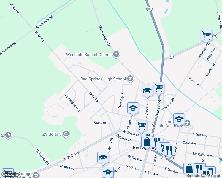 map of restaurants, bars, coffee shops, grocery stores, and more near 210 South Edinborough Street in Red Springs