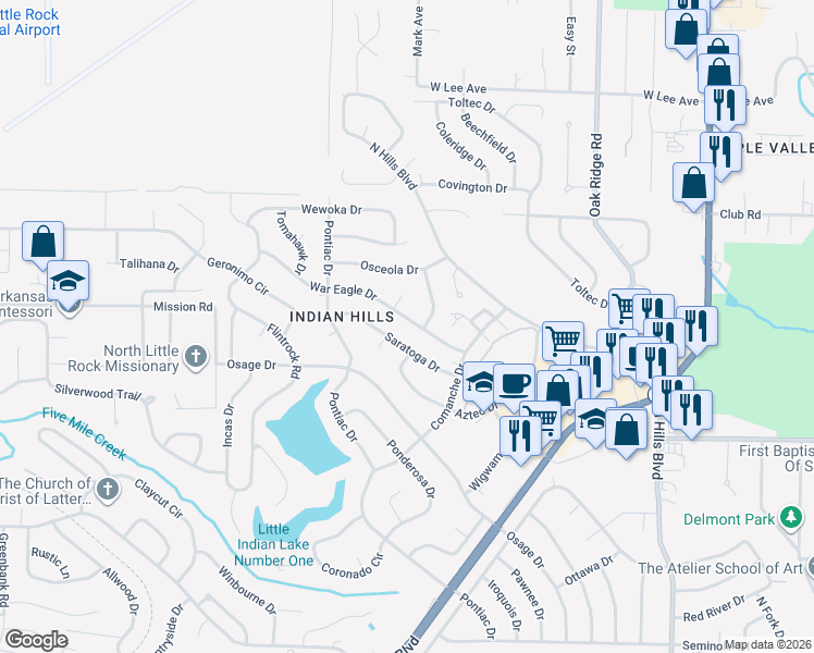 map of restaurants, bars, coffee shops, grocery stores, and more near 7305 Sagamore Drive in North Little Rock