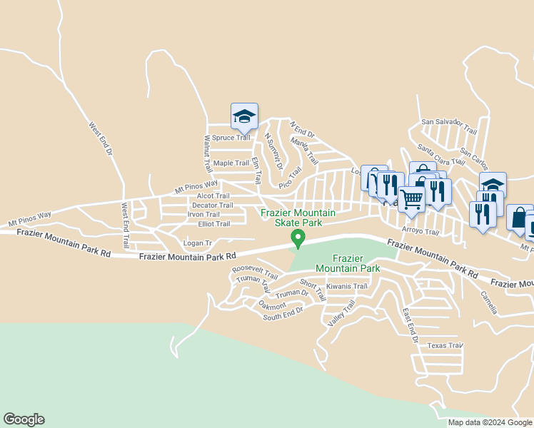map of restaurants, bars, coffee shops, grocery stores, and more near 629 Elm Trail in Frazier Park