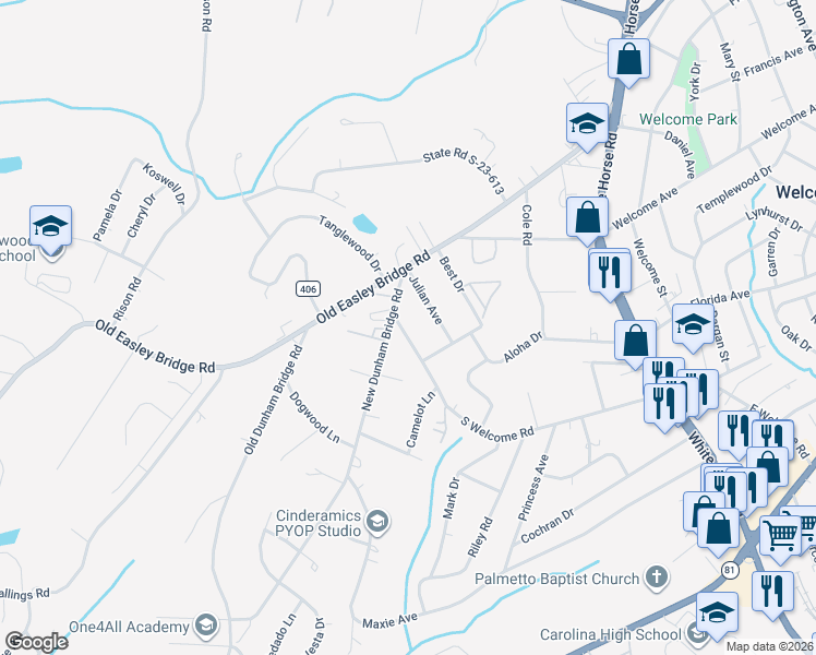 map of restaurants, bars, coffee shops, grocery stores, and more near 1010 South Welcome Road in Greenville