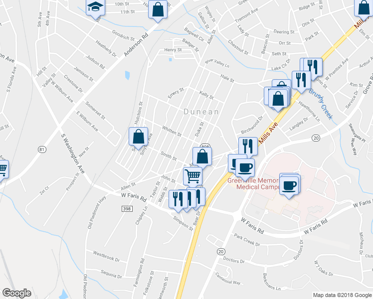 map of restaurants, bars, coffee shops, grocery stores, and more near 49 Duke Street in Greenville