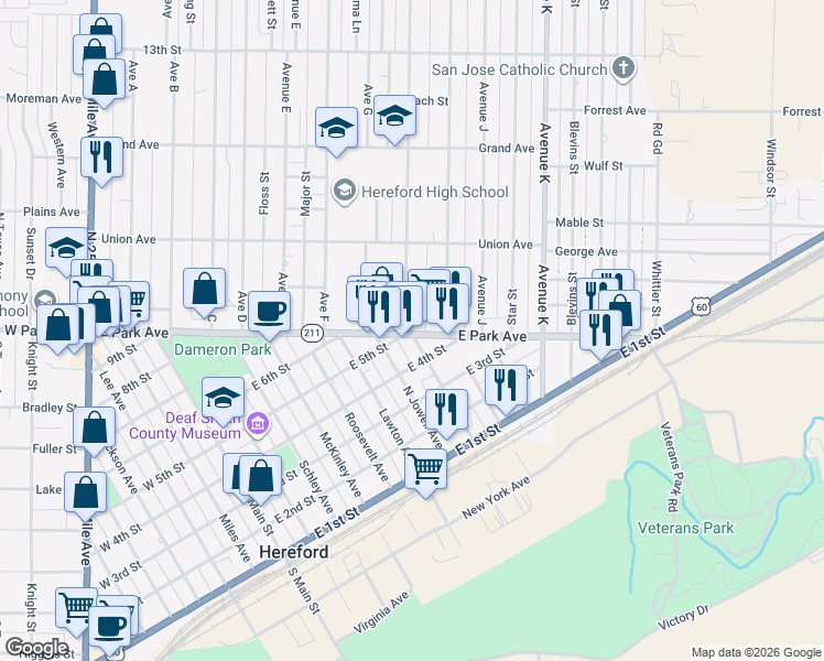 map of restaurants, bars, coffee shops, grocery stores, and more near 100 Avenue H in Hereford