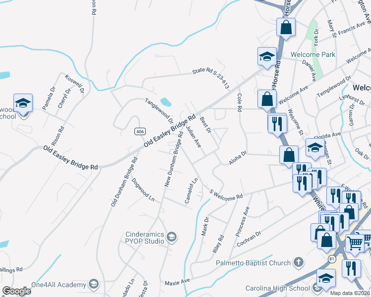 map of restaurants, bars, coffee shops, grocery stores, and more near 1010 South Welcome Road in Greenville