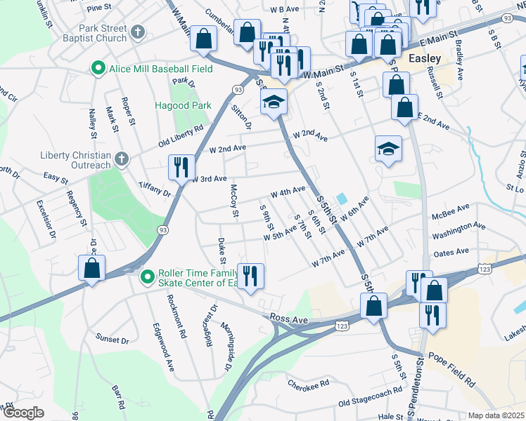 map of restaurants, bars, coffee shops, grocery stores, and more near 102 South 8th Street in Easley