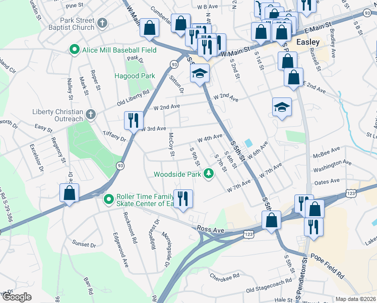 map of restaurants, bars, coffee shops, grocery stores, and more near 102 South 8th Street in Easley