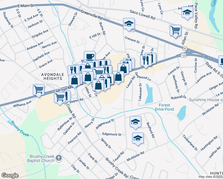map of restaurants, bars, coffee shops, grocery stores, and more near 6101 Calhoun Memorial Highway in Easley