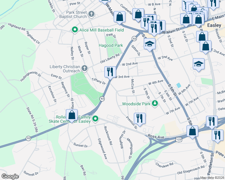 map of restaurants, bars, coffee shops, grocery stores, and more near 614 West 4th Avenue in Easley