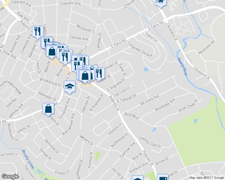 map of restaurants, bars, coffee shops, grocery stores, and more near 14 East Augusta Place in Greenville