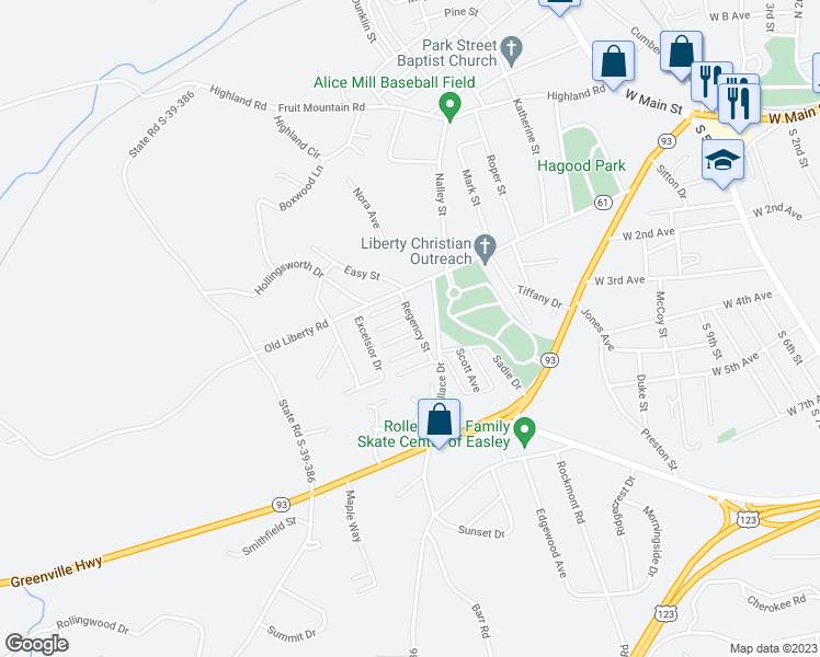 map of restaurants, bars, coffee shops, grocery stores, and more near 100 West Oakland Road in Easley