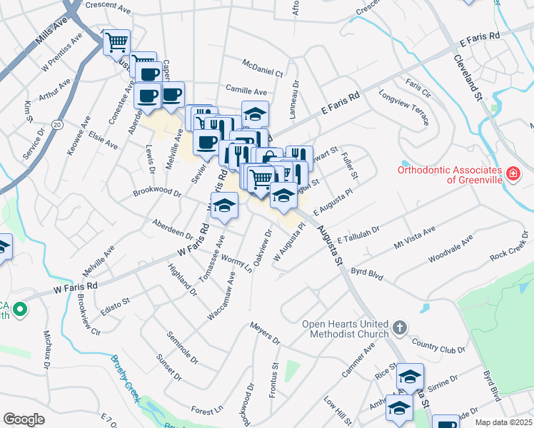 map of restaurants, bars, coffee shops, grocery stores, and more near 109 Westminster Drive in Greenville
