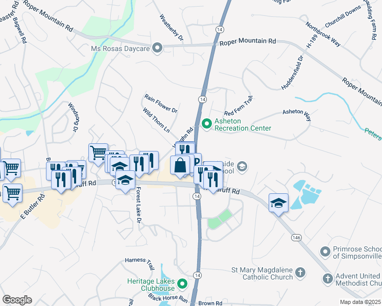 map of restaurants, bars, coffee shops, grocery stores, and more near 3904 South Carolina 14 in Greenville
