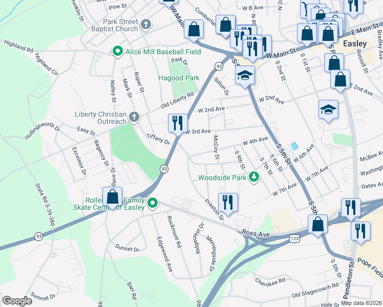 map of restaurants, bars, coffee shops, grocery stores, and more near 614 West 4th Avenue in Easley