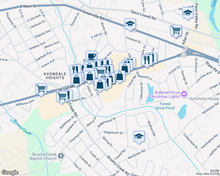 map of restaurants, bars, coffee shops, grocery stores, and more near 6101 Calhoun Memorial Highway in Easley