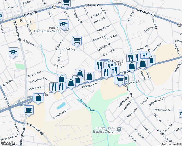 map of restaurants, bars, coffee shops, grocery stores, and more near 108 Woodhill Drive in Easley