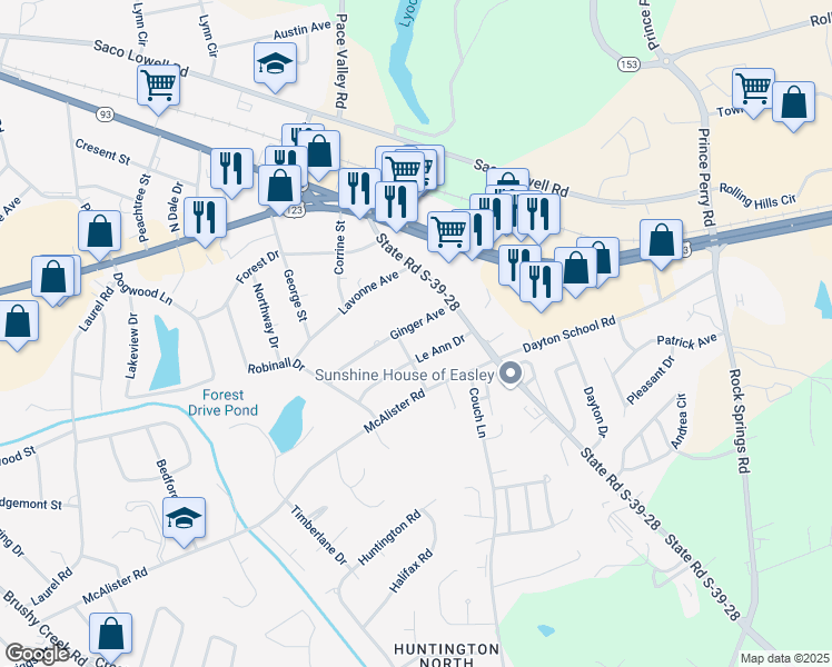 map of restaurants, bars, coffee shops, grocery stores, and more near 201 Ginger Avenue in Easley