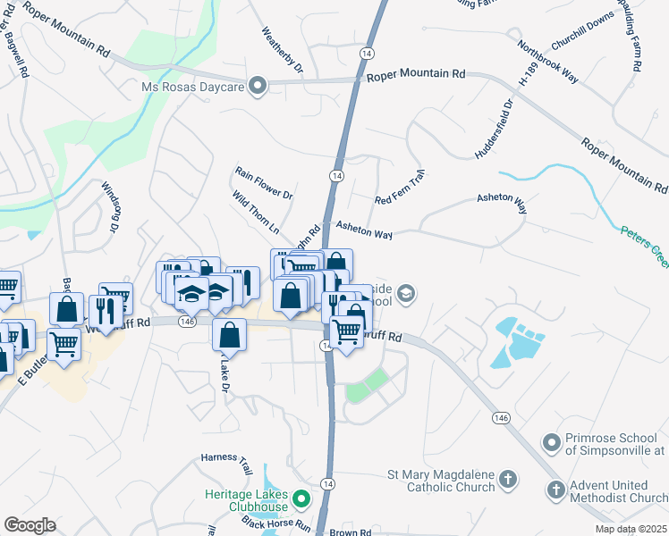 map of restaurants, bars, coffee shops, grocery stores, and more near 3907 South Carolina 14 in Greenville