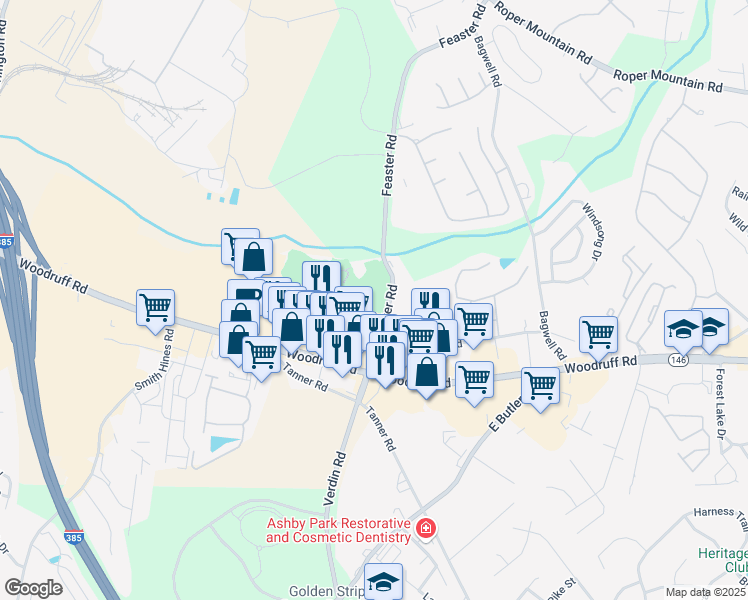map of restaurants, bars, coffee shops, grocery stores, and more near 211 Feaster Road in Greenville