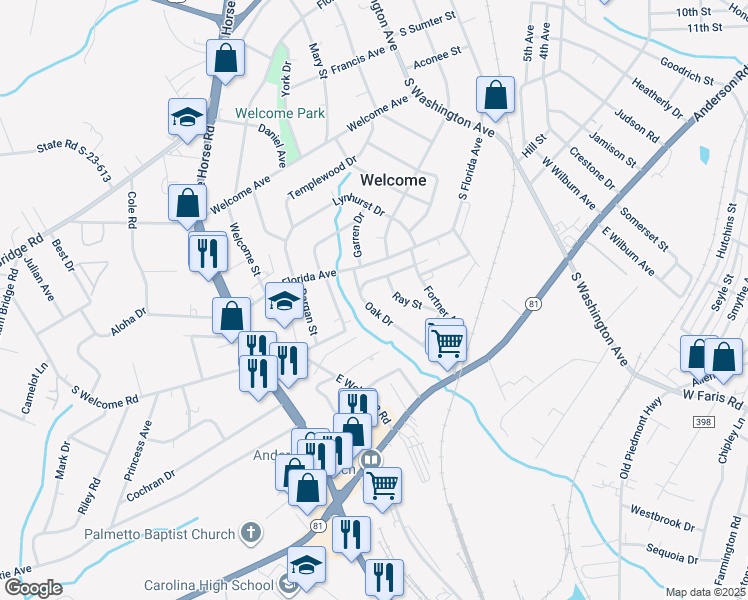 map of restaurants, bars, coffee shops, grocery stores, and more near 124 Oak Drive in Greenville