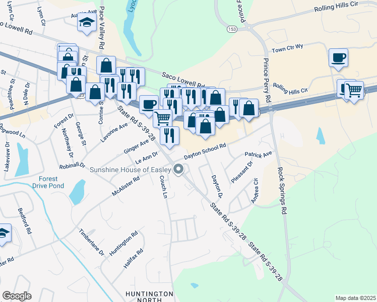 map of restaurants, bars, coffee shops, grocery stores, and more near 109 Dayton School Road in Easley
