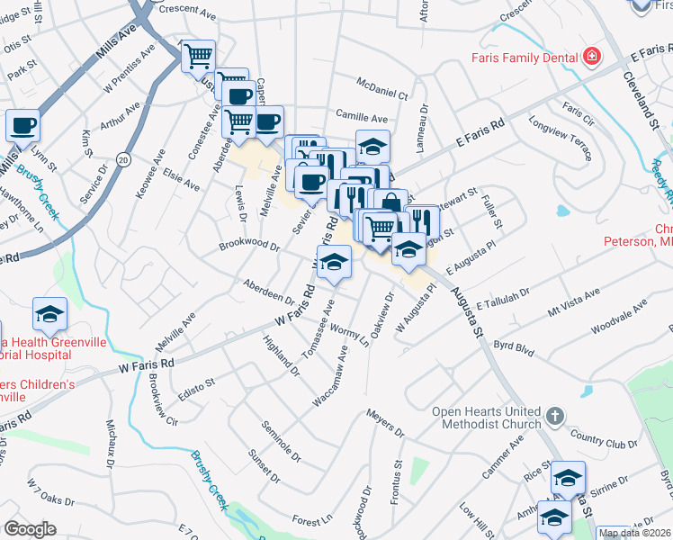 map of restaurants, bars, coffee shops, grocery stores, and more near 8 Tomassee Avenue in Greenville